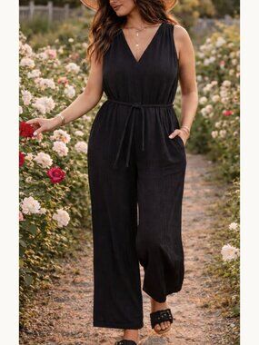 Black Cotton Gauze Wide-Leg Jumpsuit Tie Waist L Coastal Universal Thread